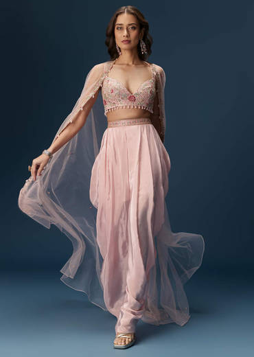 Blush Pink Dhoti Set With Embroidered Blouse And Soft Dupatta