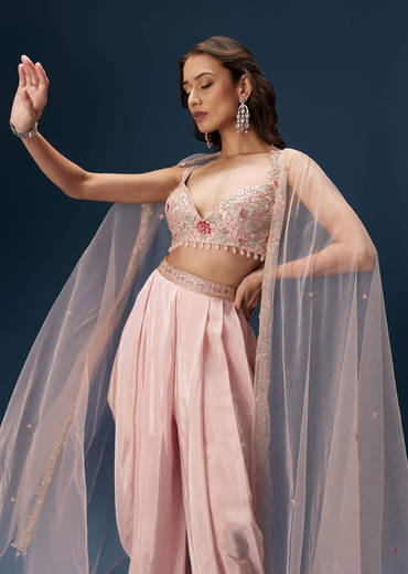 Blush Pink Dhoti Set With Embroidered Blouse And Soft Dupatta