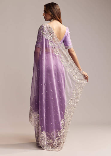 Blush Purple Tissue Saree With Floral Embroidery