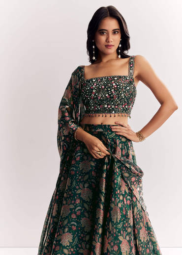 Bottle Green Mirror Work Lehenga Choli Set In Organza Tissue
