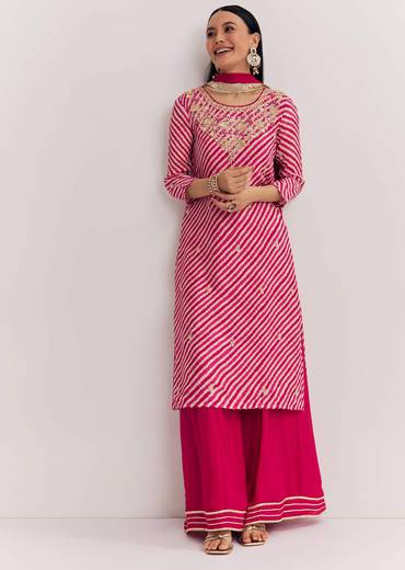 Pink Leheriya Zardosi Work Kurta Palazzo Suit
