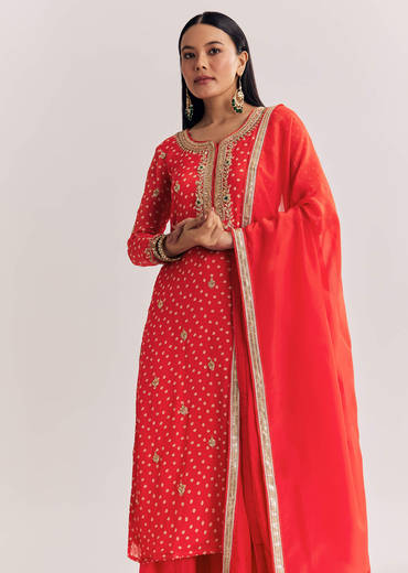 Bright Orange Bandhani Kurta Palazzo Suit With Sequins And Zardosi Work
