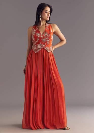 Orange Georgette Jumpsuit With Moti And Sequins Embroidery