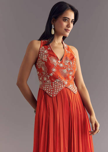 Orange Georgette Jumpsuit With Moti And Sequins Embroidery