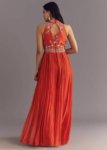 Orange Georgette Jumpsuit With Moti And Sequins Embroidery