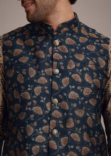Bronze Silk Printed Kurta Set With Leaf Motifs