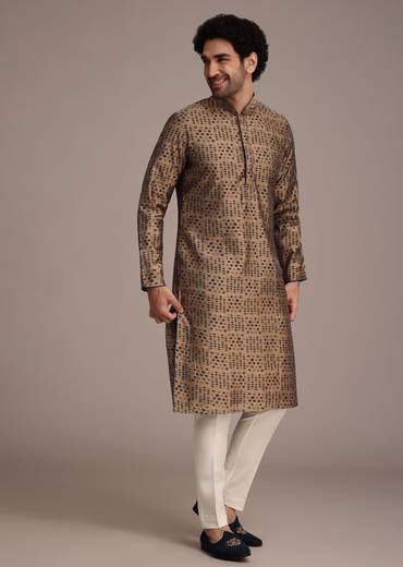 Bronze Silk Printed Kurta Set With Leaf Motifs
