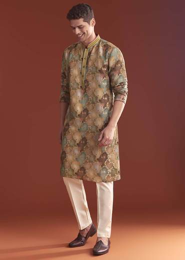 Brown Banarasi Kurta Set For Men With Vine Pattern