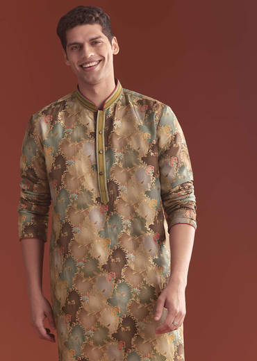Brown Banarasi Kurta Set For Men With Vine Pattern