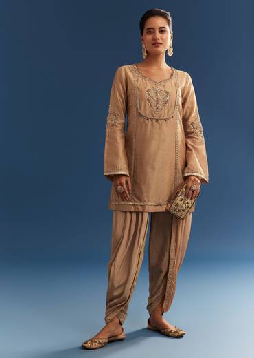 Brown Chanderi Embroidered Kurta Set With Crepe Dhoti And Gotta Detailing