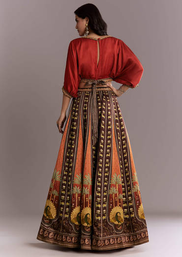 Brown Crepe Crop Top And Printed Skirt Set