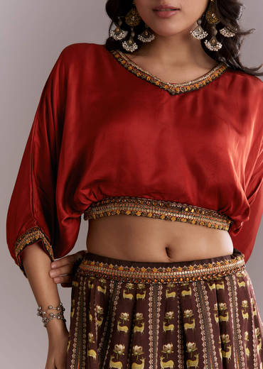Brown Crepe Crop Top And Printed Skirt Set