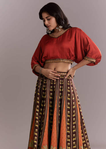 Brown Crepe Crop Top And Printed Skirt Set