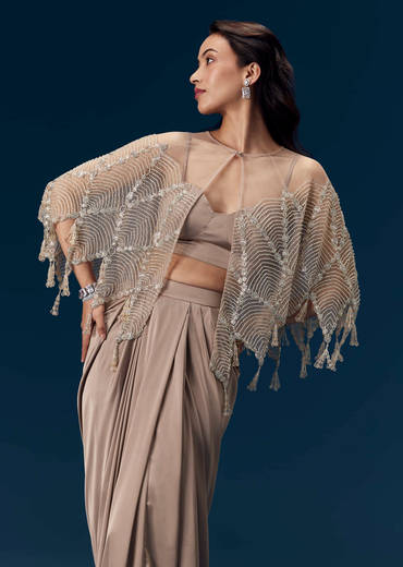 Brown Crop Top Skirt Set with Cape