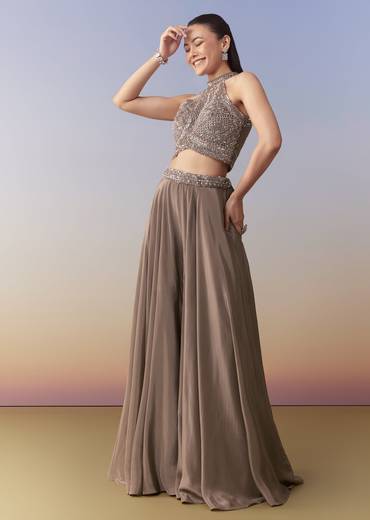 Brown Embellished Crop Top Palazzo Set