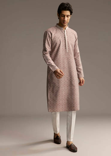 Brown Jacquard Kurta Set For Men