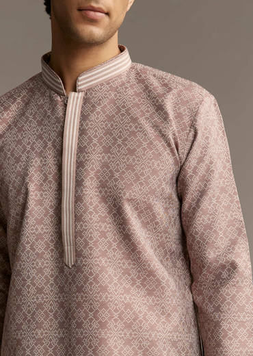 Brown Jacquard Kurta Set For Men