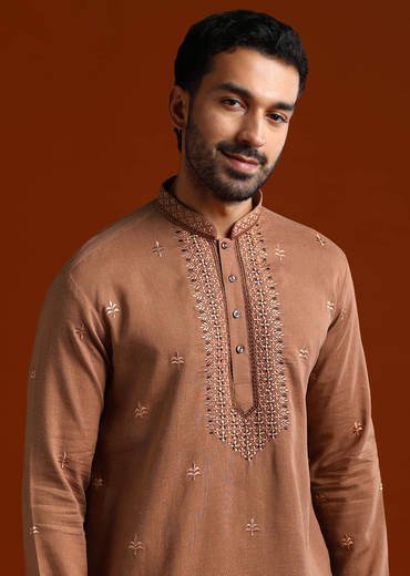 Brown Kurta Set For Men With Thread Work