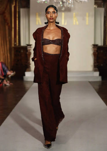 Brown Lace Crop Top And Skirt Set With Bead Embroidery