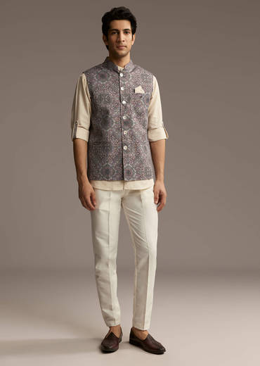 Brown Linen Kurta Jacket Set For Men With Kantha Embroidery