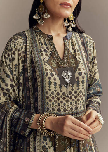 Brown Muslin Printed Anarkali Suit