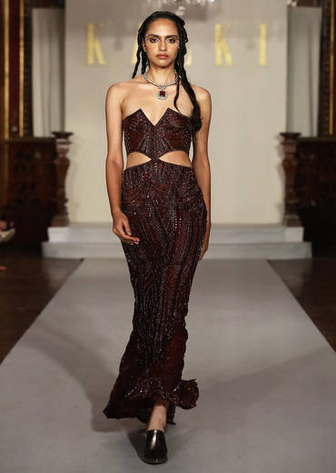 Brown Net Bridal Gown With Hand Embroidery