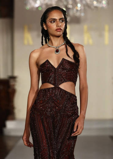 Brown Net Bridal Gown With Hand Embroidery