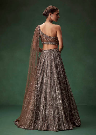 Brown One Shoulder Bridal Lehenga Set With All Over Sequins
