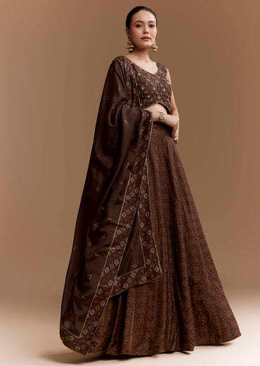 Brown Printed Silk Bridesmaid Lehenga Set with Dupatta