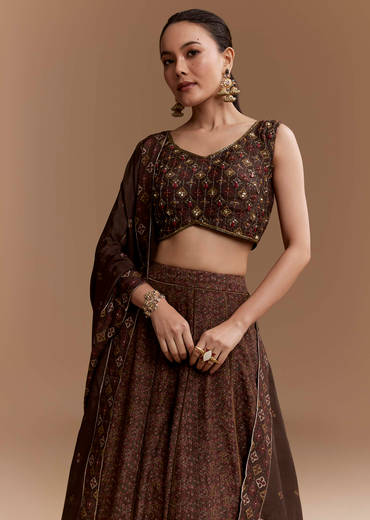 Brown Printed Silk Bridesmaid Lehenga Set with Dupatta