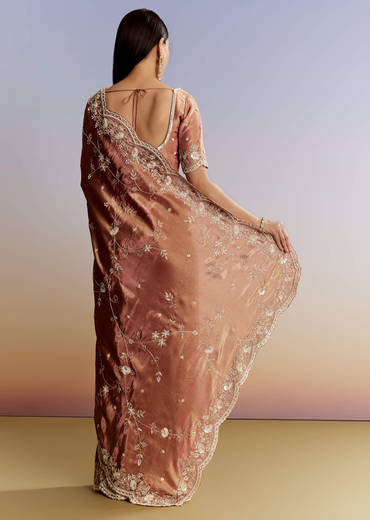 Brown Rust Crush Tissue Saree With Gota And Beads Embroidery