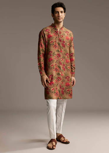 Brown Silk Designer Kurta For Men With Floral Print