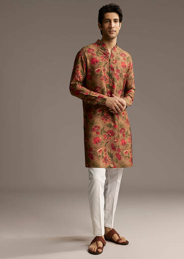 Brown Silk Designer Kurta For Men With Floral Print