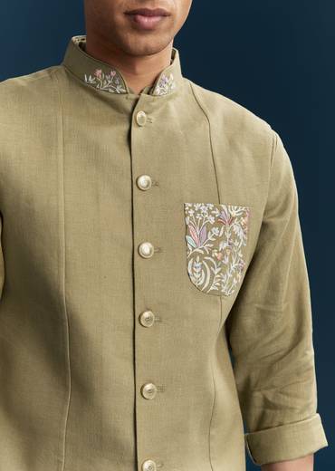 Brown Silk Kurta Jacket Set With Minimal Thread Detail