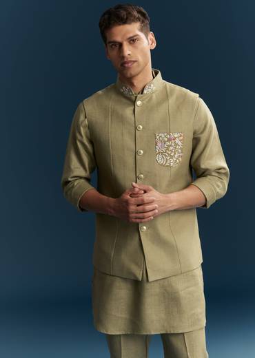 Brown Silk Kurta Jacket Set With Minimal Thread Detail