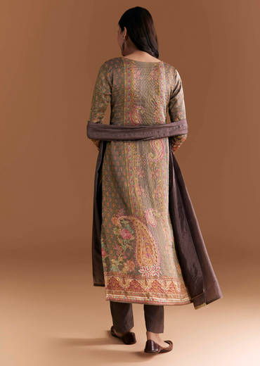 Brown Silk Kurta Set With Floral And Paisley Print