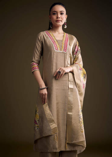 Brown Silk Kurta Set With Zari And Gota Work