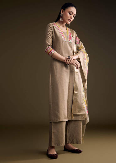 Brown Silk Kurta Set With Zari And Gota Work