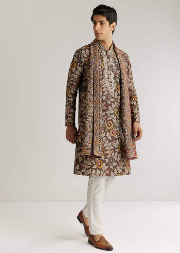 Brown Silk Mirron Threadwork Kurta Set With Dupatta