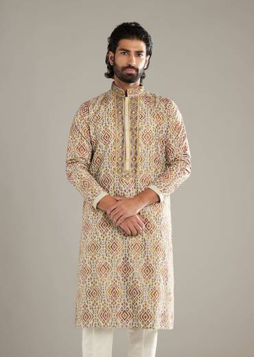 Brown Velvet Kurta Set For Men With Mirror And Cut Dana Work