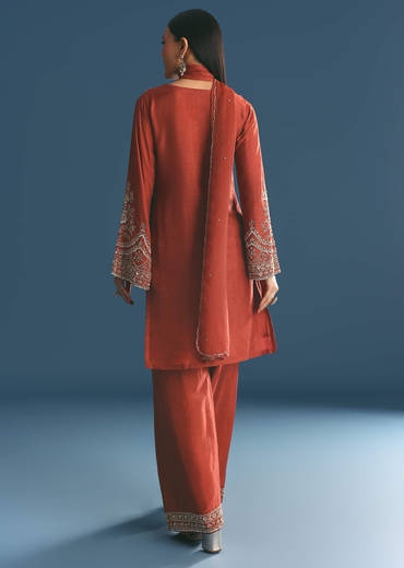 Burnt Orange Silk Sequin Beaded Kurta Set With Dupatta