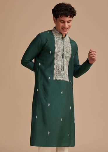 Bottle Green Silk Embroidered Kurta