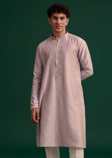 Lilac Silk Hand Embroidered Kurta Set