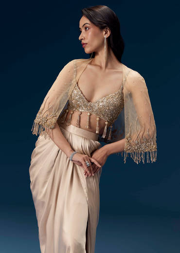 Champagne Embeliished Crop Top and Draped Skirt Set