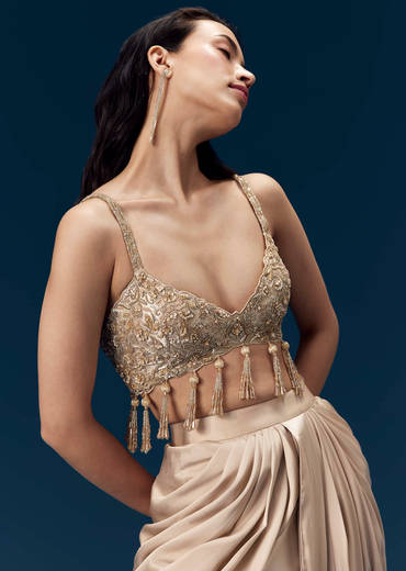 Champagne Embeliished Crop Top and Draped Skirt Set