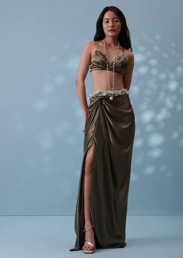 Chocolate Brown Indowestern Skirt Set With Jacket In Milano Organza