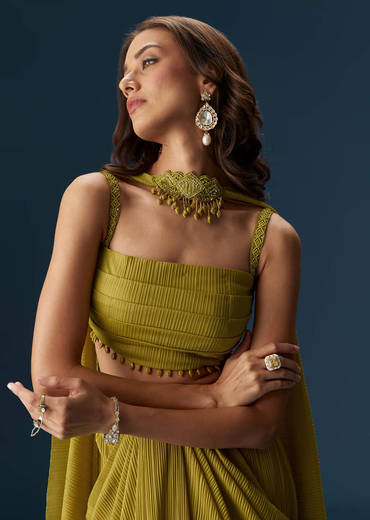 Citrus Green Drape Skirt With Pleated Bustier And Choker Style Dupatta