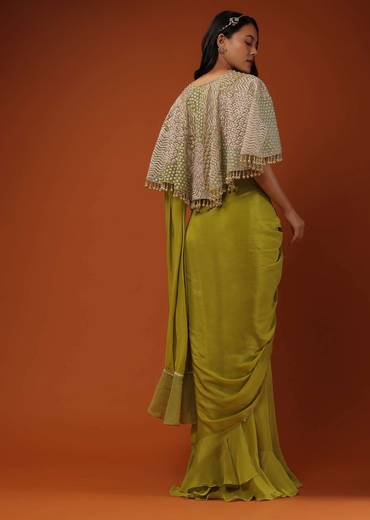Citrus Green Pre Stitched Crepe Saree with Net Cape and V-Neck Crop Top