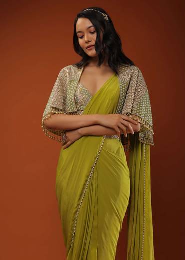 Citrus Green Pre Stitched Crepe Saree with Net Cape and V-Neck Crop Top