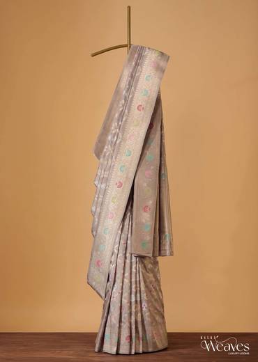 Cloud Grey Handloom Banarasi Saree In Katan Silk With 3-Gram Real Zari Weave And Unstitched Blouse